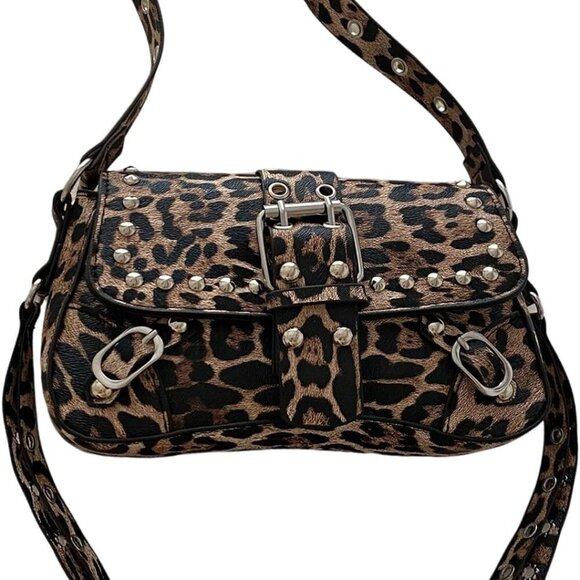 Handbags - Women Y2K Leopard Shoulder Bag Punk Buckle Clutch with Studded Decor